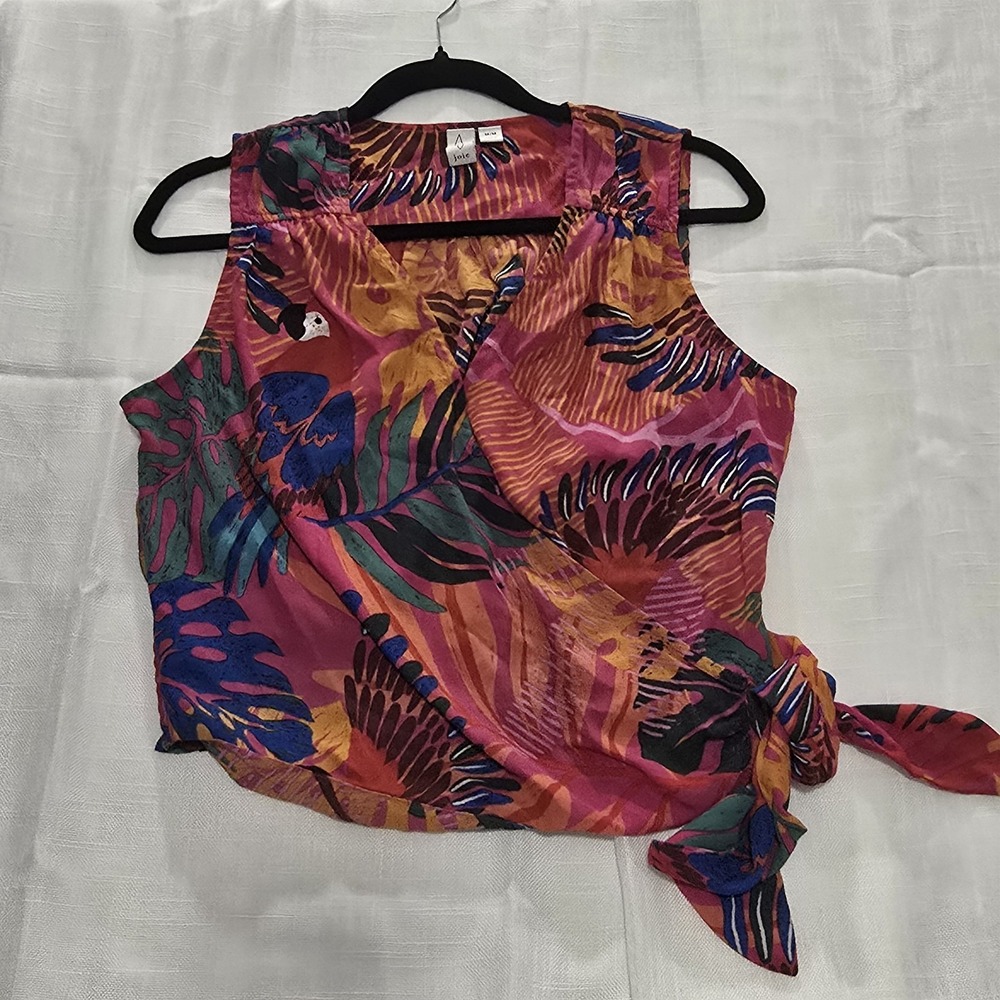 Joie Womens M Tropical Parrot Wrap Top Pink Side Tie Sleeveless Resort Blouse